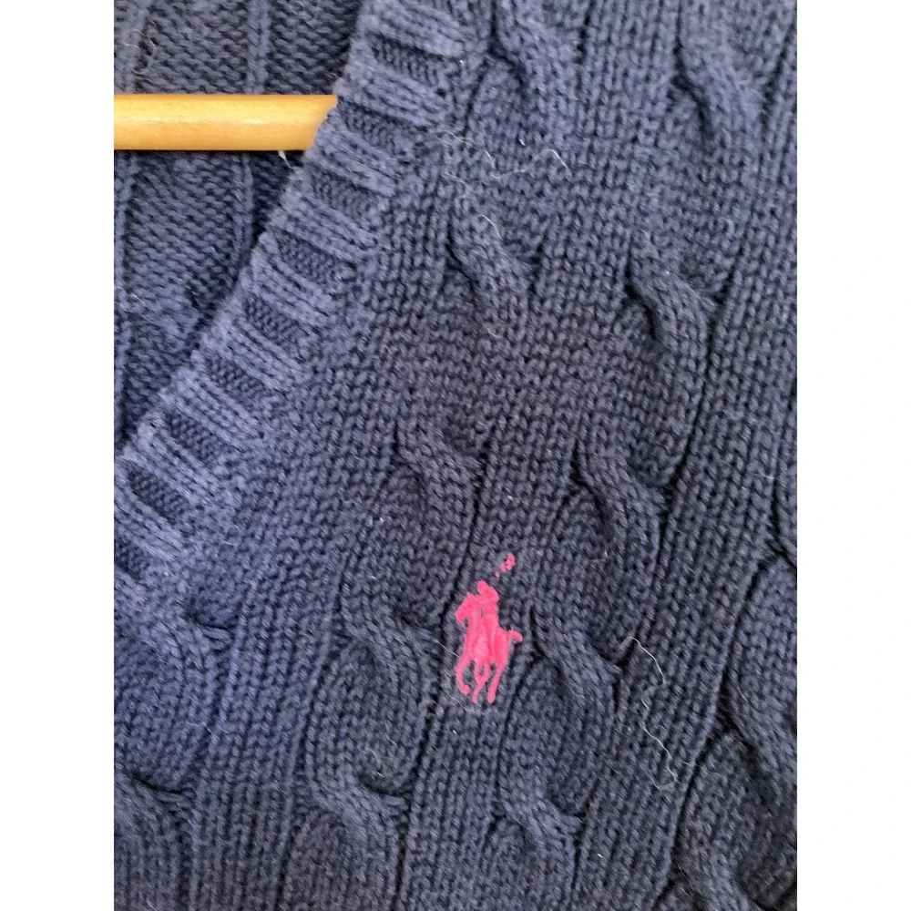 Ralph Lauren Sport Navy Blue Cable Knit V-Neck Cotton Sweater Pink Pony Large